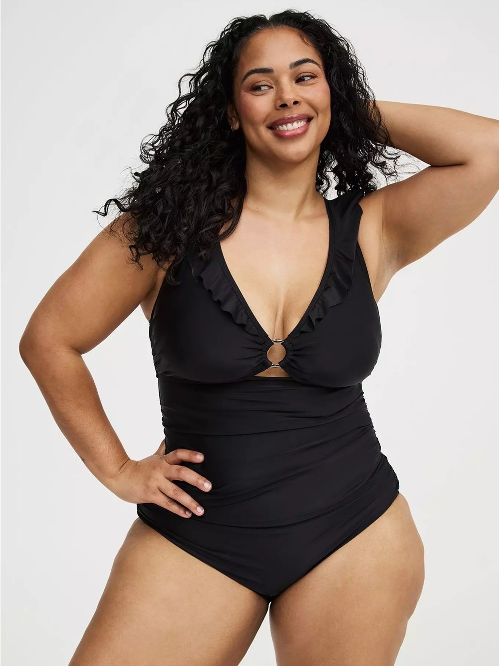 Black Ruffled V-Neck One-Piece Swimsuit with Ring Detail